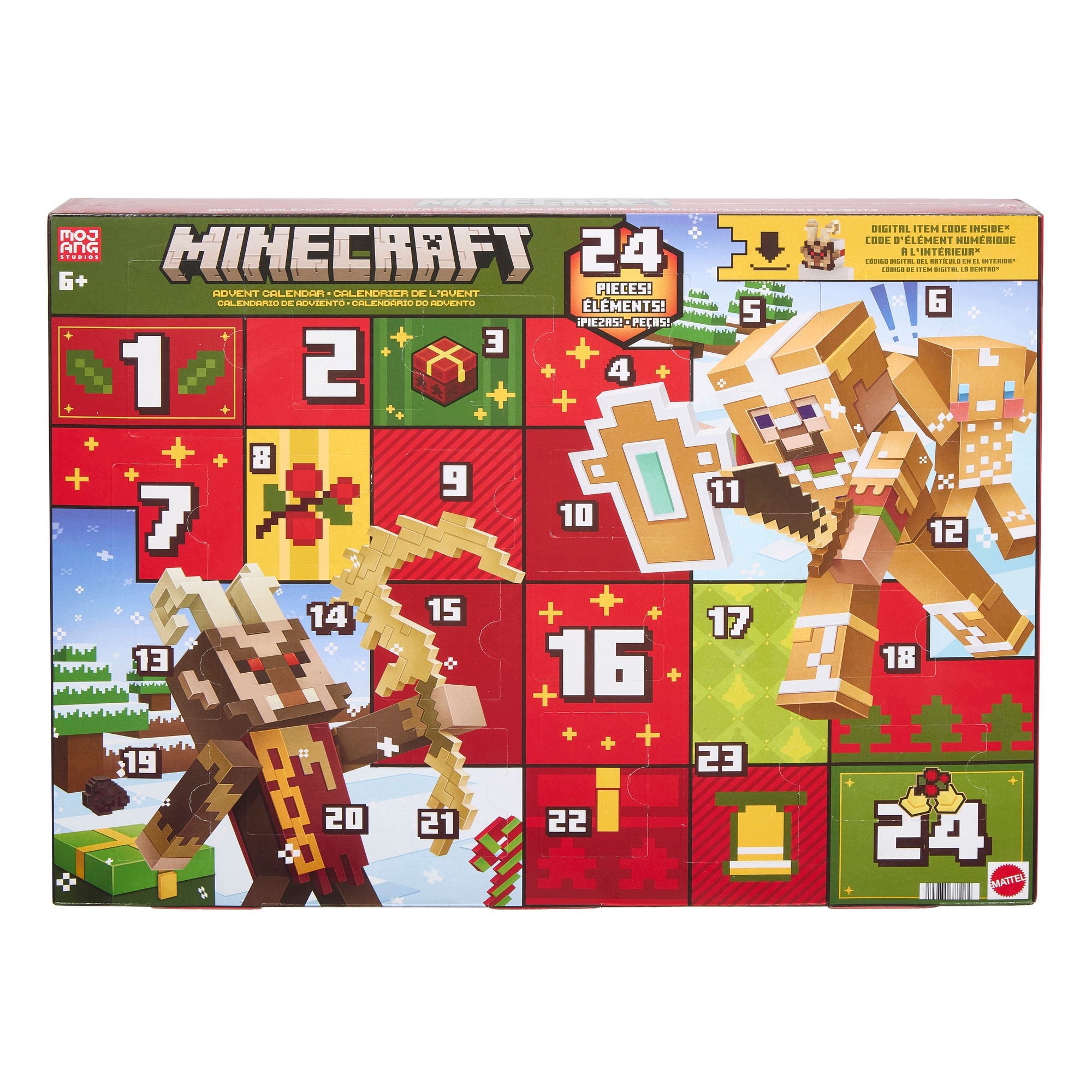 Адвент-календарь Minecraft Mattel, 3 фигурки, 15 аксессуаров и наклейки, от 6 лет