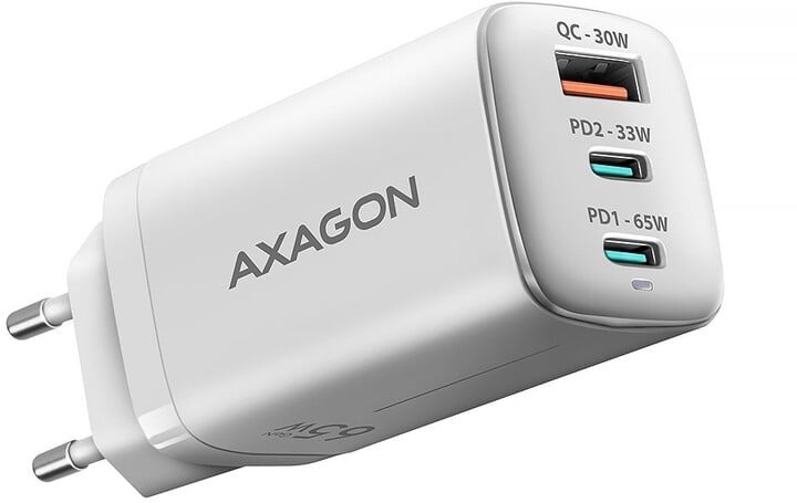 Axagon ACU-DPQ65W 1x Usb-a 2x Usb-c, Pd 3.0 QC4+ Pps, 65W, biały