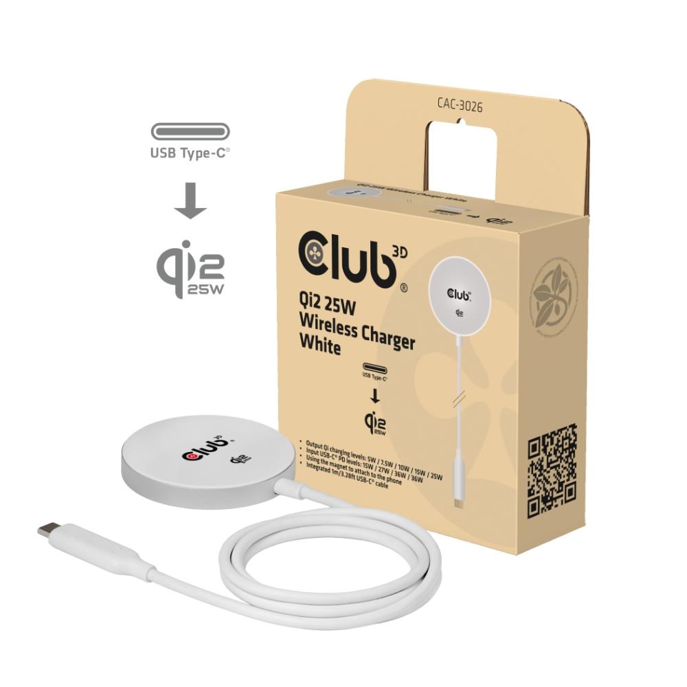 Club3D Bezdrátová nabíječka, 1x Qi2 25W, MagSafe, bílá (CAC-3026)