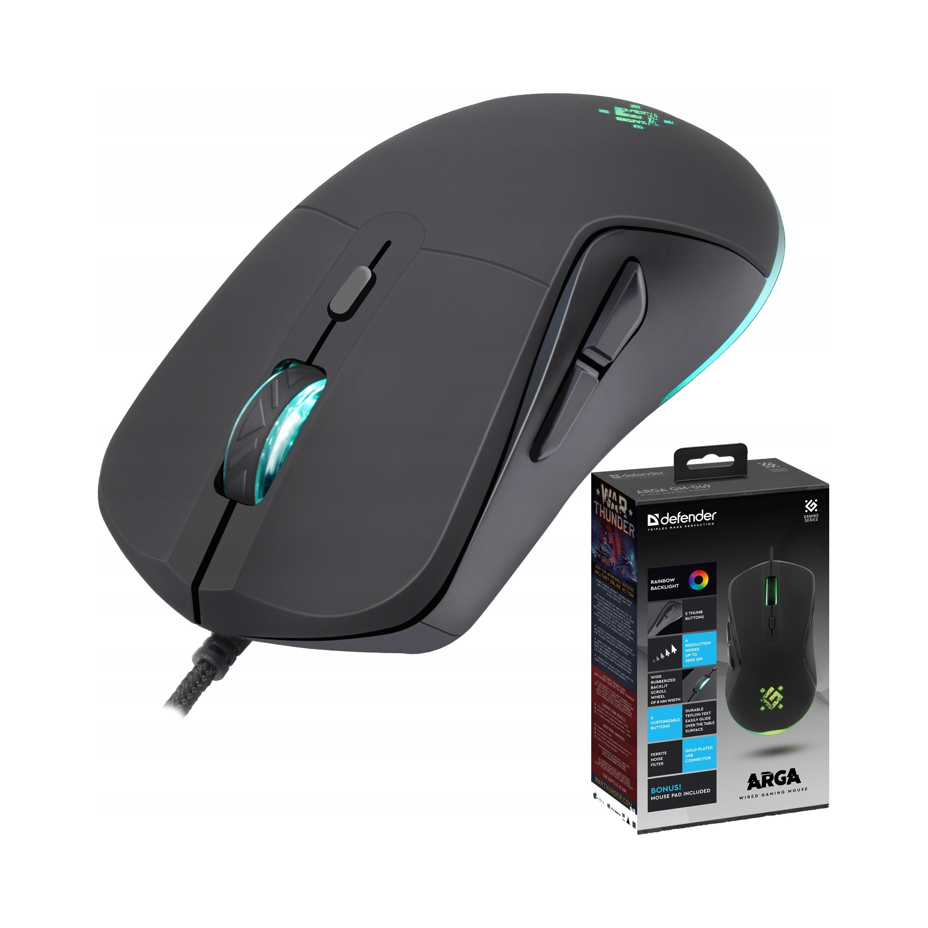 Mysz przewodowa Defender Arga GM-049 czarna optyczna 3600DPI