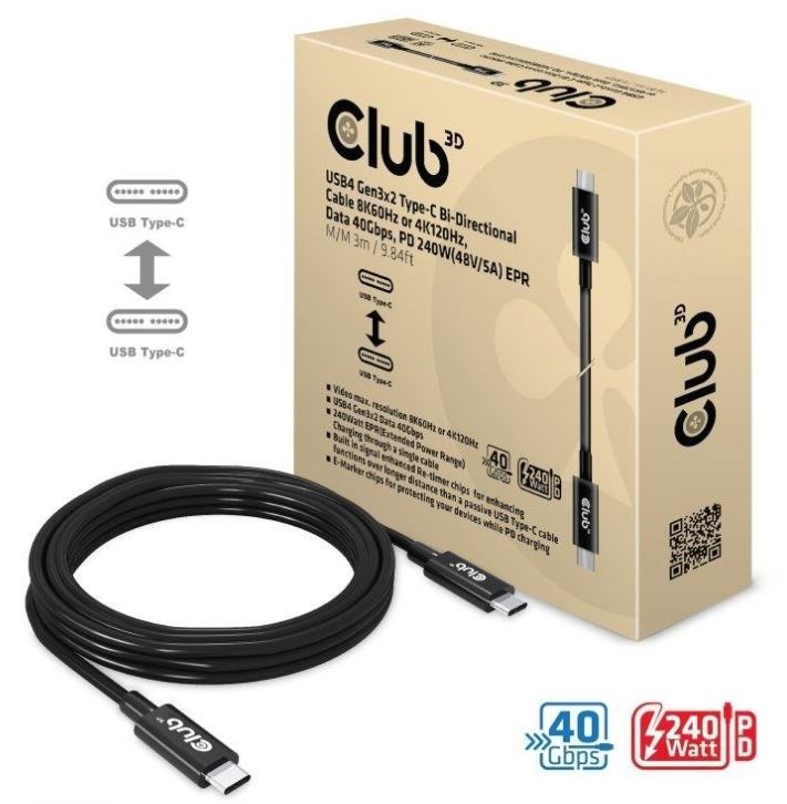 Kábel Club3D Usb typ C Usb typ C 3 m čierny