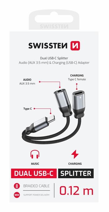ADAPTER AUDIO SWISSTEN TEXTILE USB-C (męski) / USB-C (żeński) i 3,5mm AUX 0,12 M CZARNY