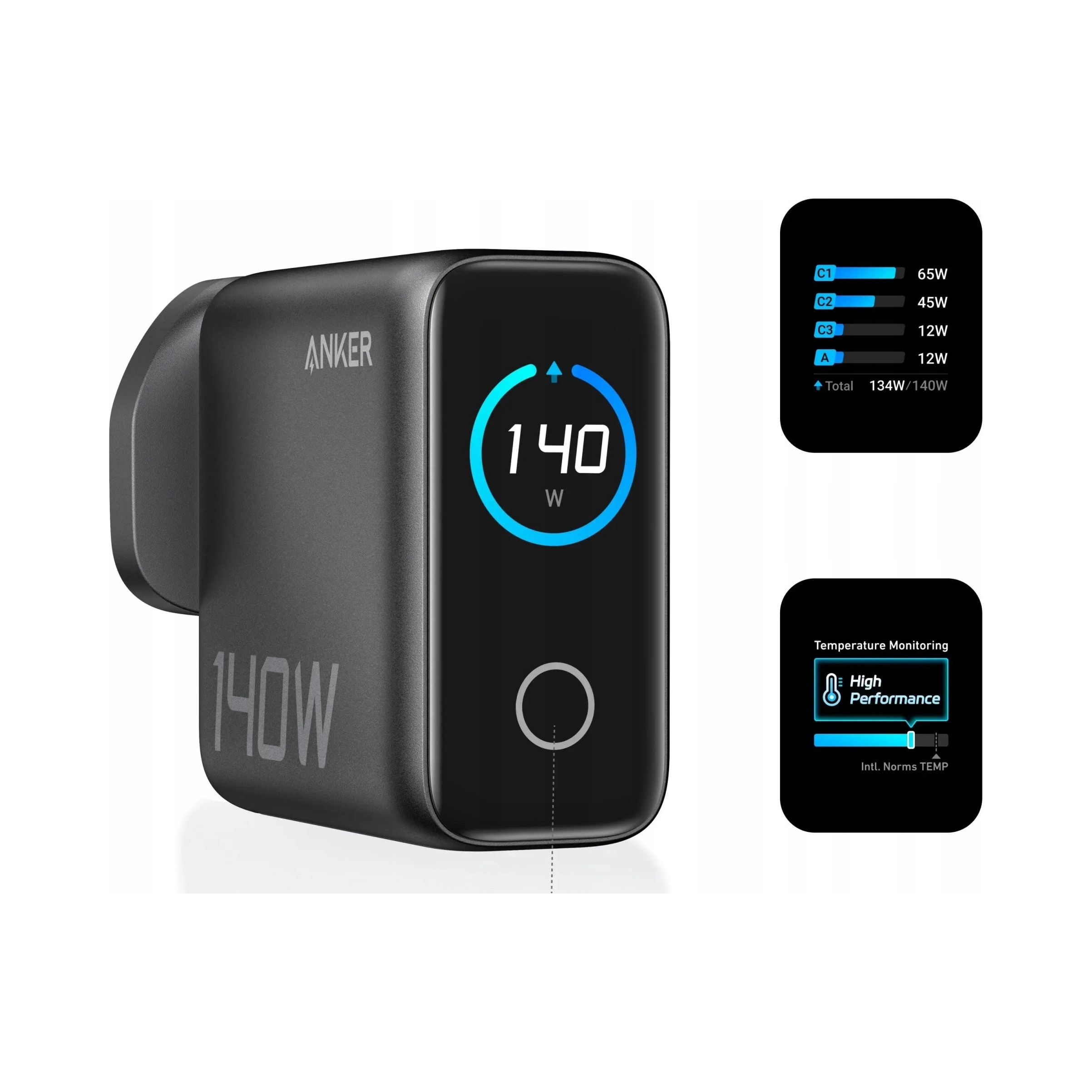 Síťová nabíječka Anker 140W 4-portová Pd 3.1 GaN 3xUSB-C 1xUSB-A černá