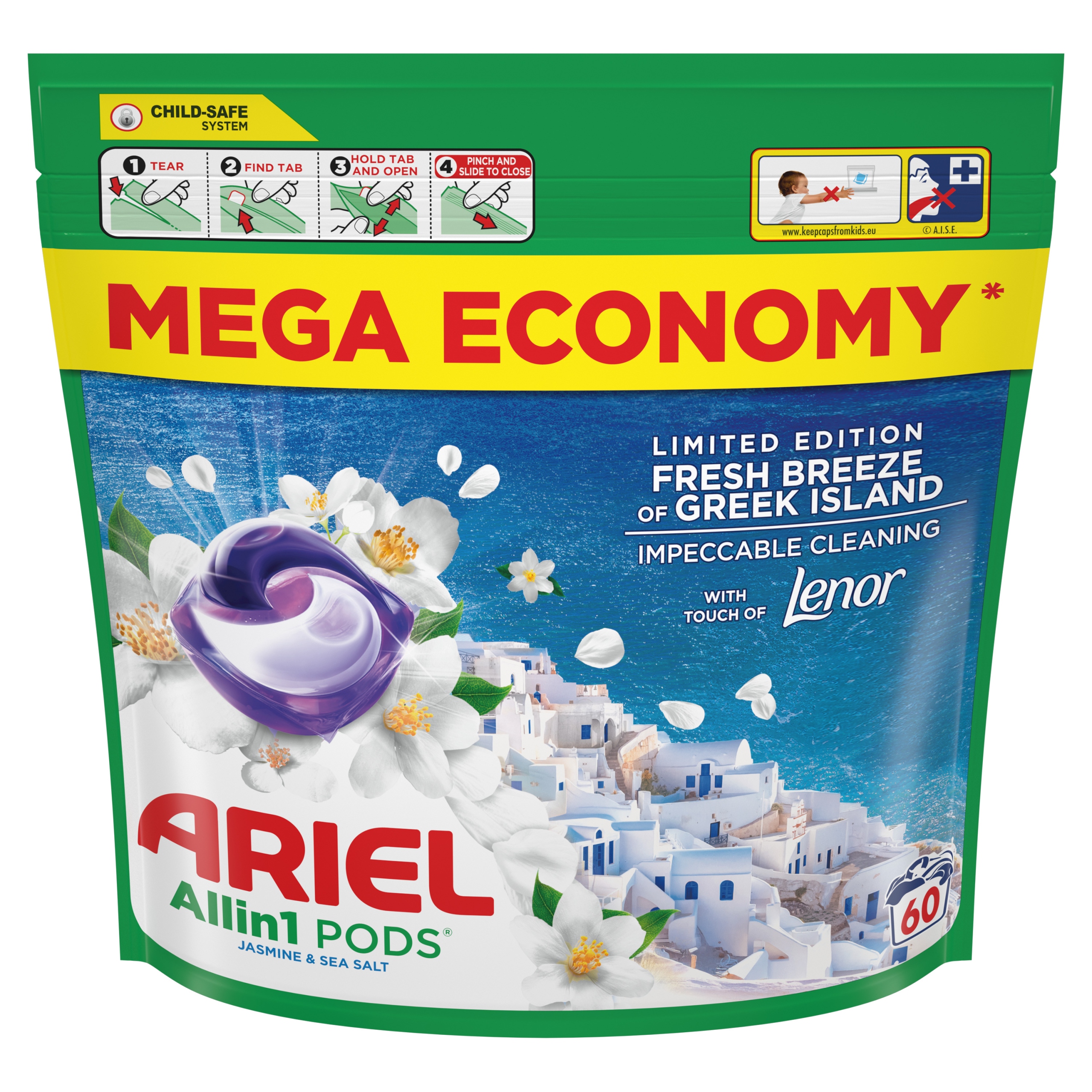 Levně Kapsle na praní bílých tkanin Ariel Jasmine&SeaSalt 60 pr (60 x 20,6 g)