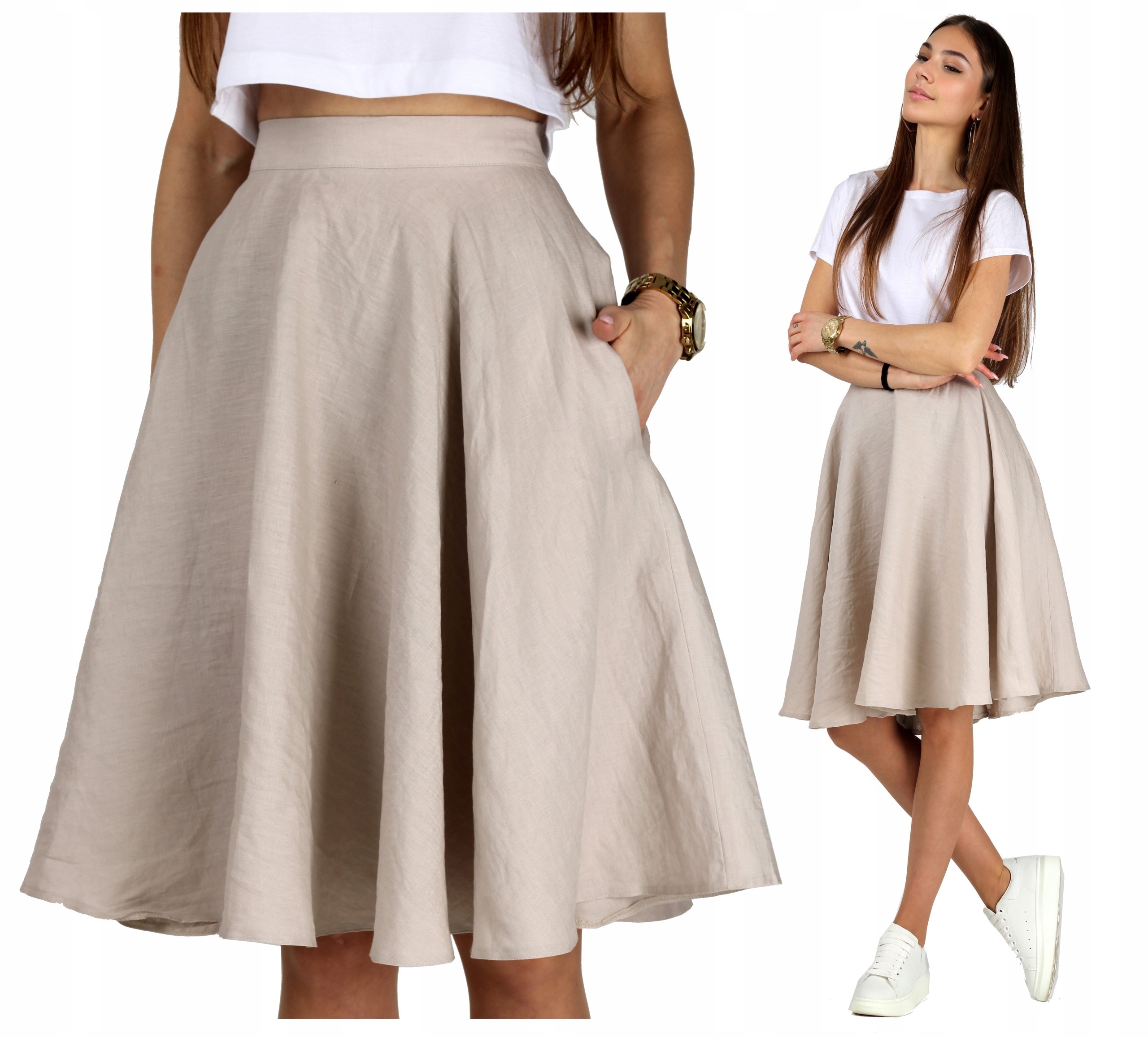 Kapsy Len Béžová sukně 100% lněná rozložená plné kolo nová 36