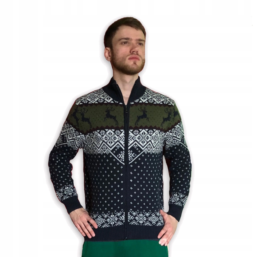 Vlněný svetr na zip s norským vzorem soby z Merino vlny, velikost S/m