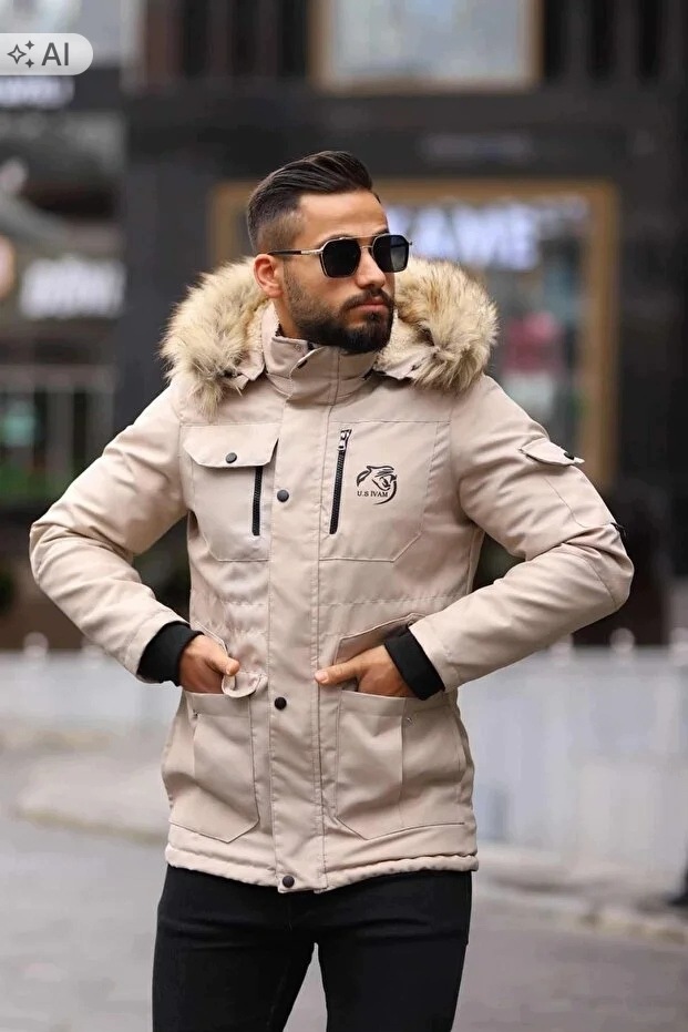 Pánská Parka Béžová Sportovní Bunda S Kožešinou, Velikost 5IA