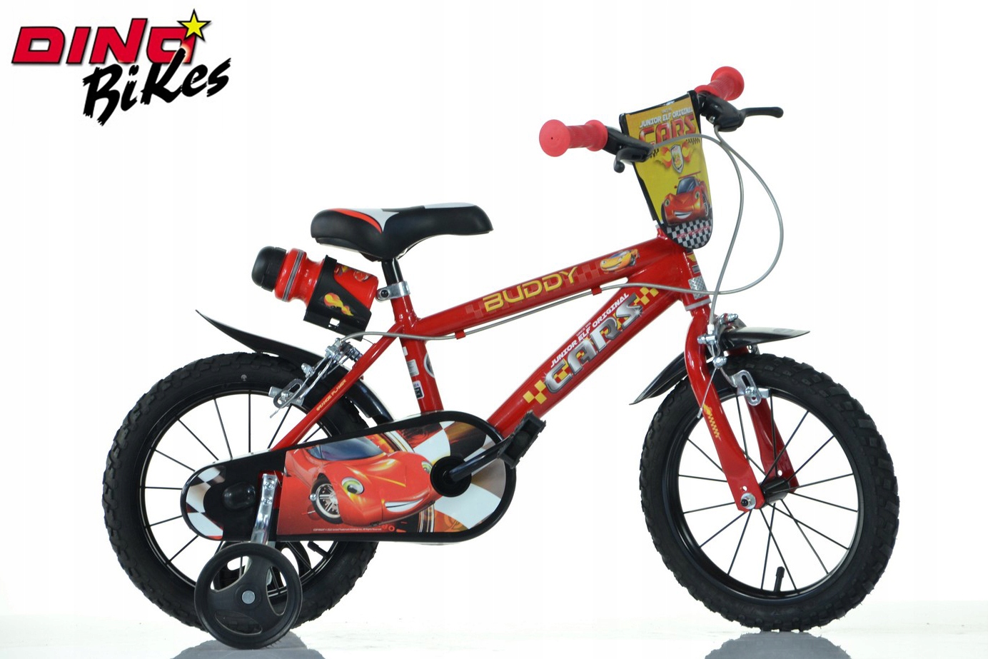 Rower dziecięcy Dino Bikes 16" Cars 2022 z kółkami pomocniczymi i koszem, dla dzieci