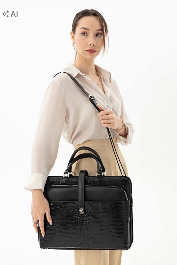 Černá Lakovaná Taška Krokodýl Elegantní Pro Práci 5IA*
