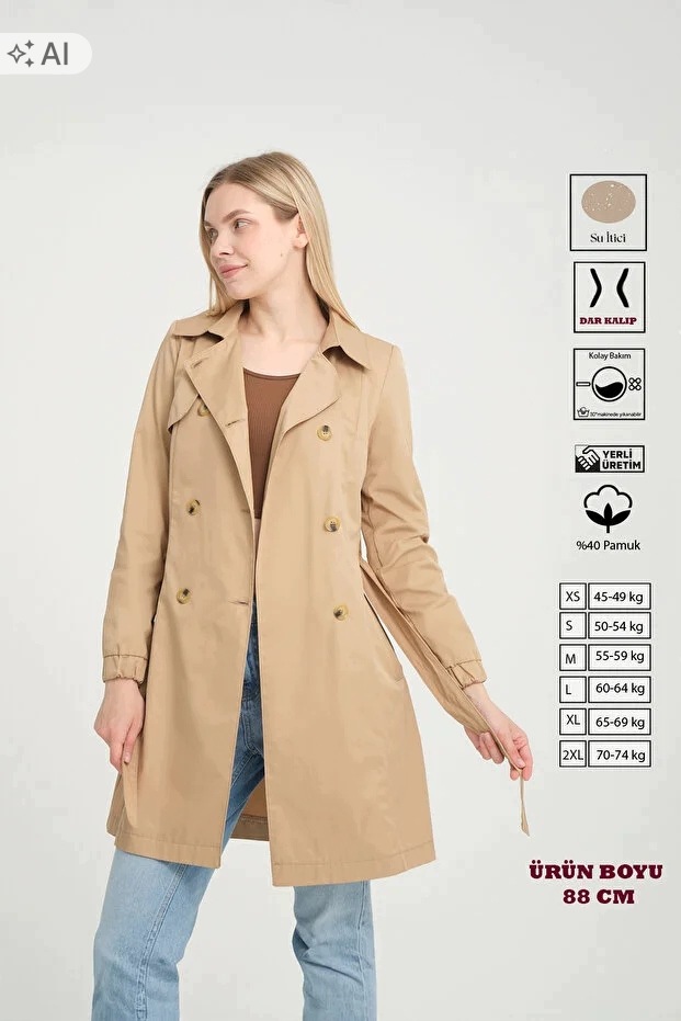 Klasický Béžový Kabát Z Hladké Tkaniny, Elegantní XL 5IA