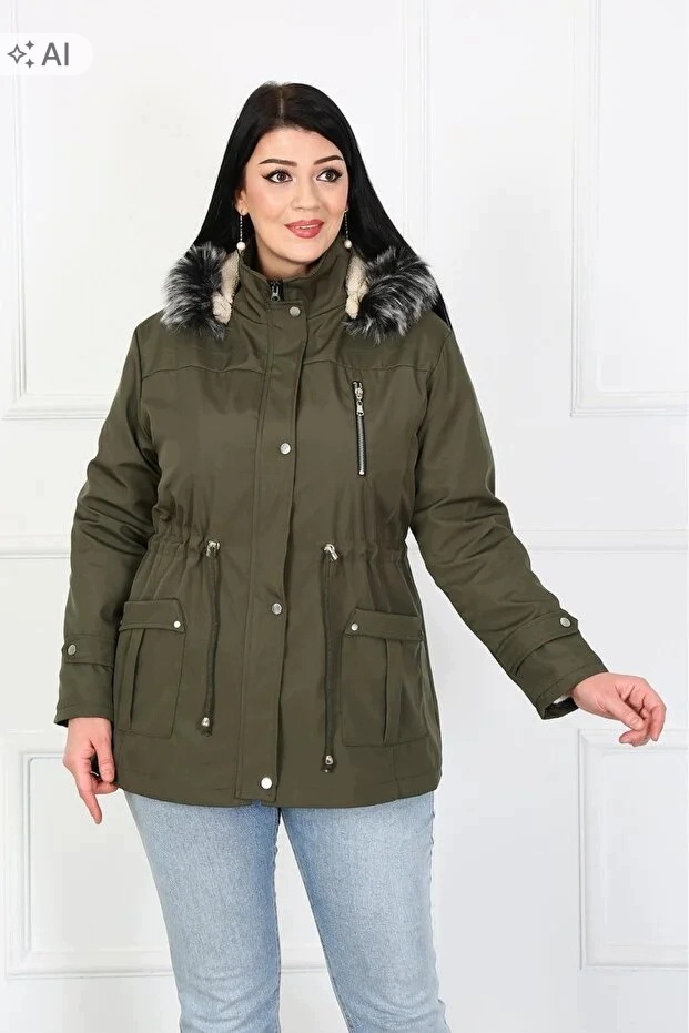 Zelená Parka Bunda S Kapucí A Kožešinou V Ležérním Stylu 46 5IA