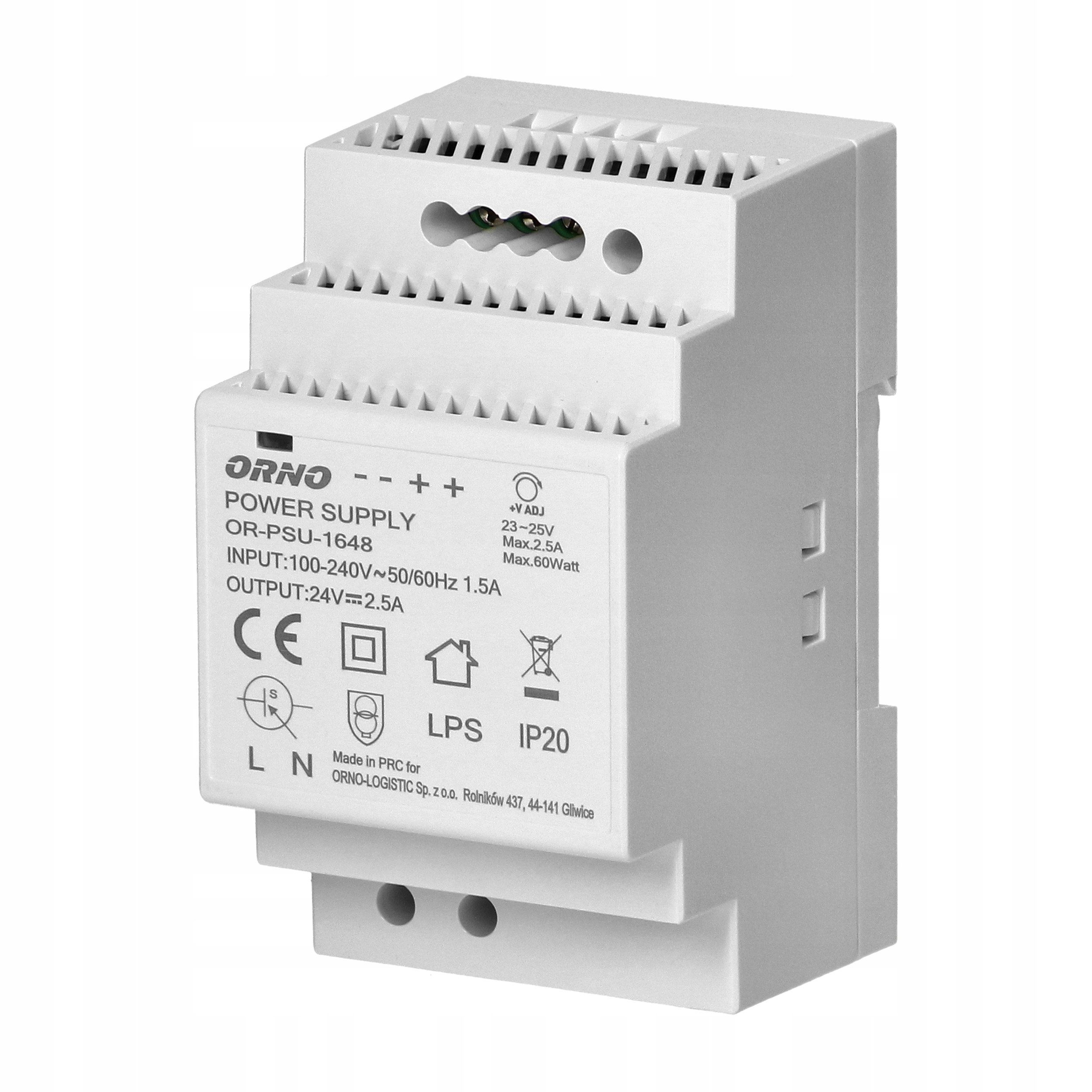 Napájecí zdroj na Din lištu 24VDC, 2,5A, 60W, šířka 3 moduly IP20