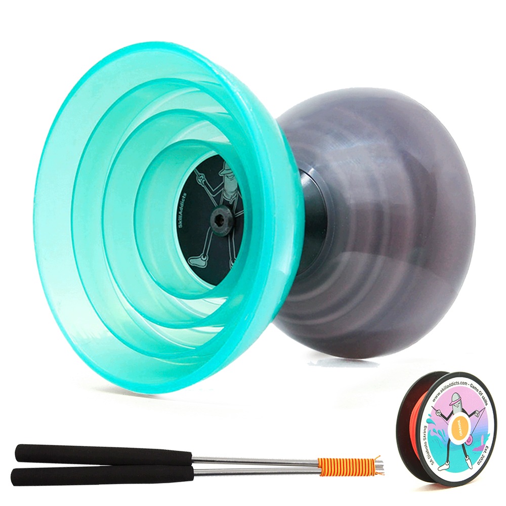 Diabolo set na triky SkillAddicts fixní diabolo, kovové hůlky, provázky