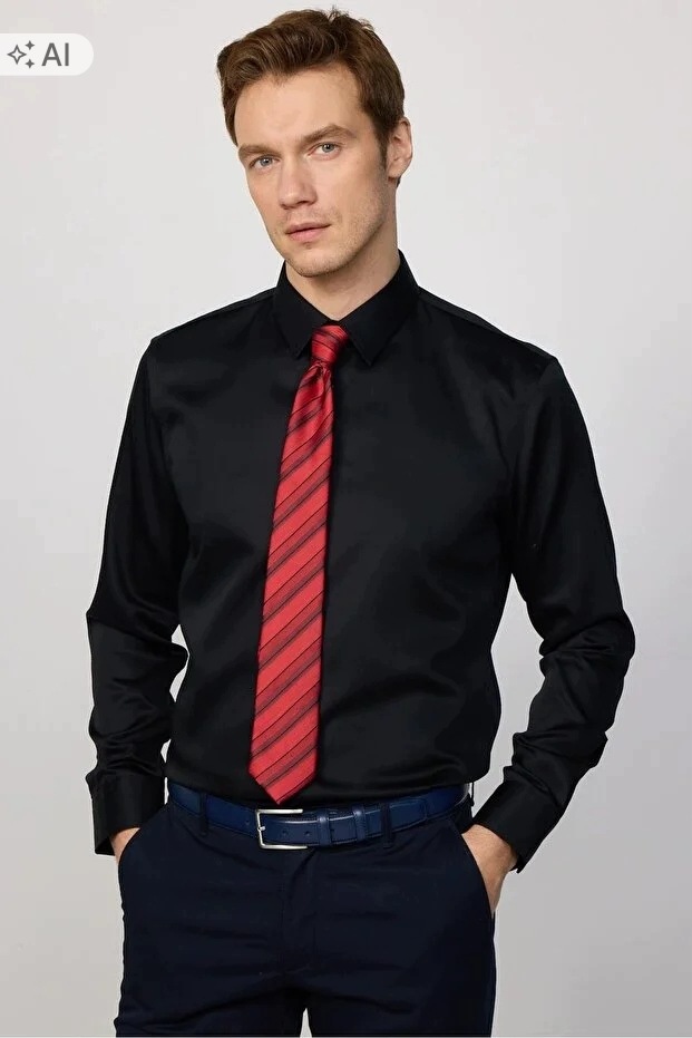 Hladká Černá Klasická Košile Casual S Dlouhým Rukávem, Velikost 5IA*