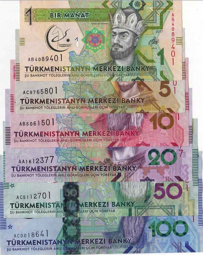 TURKMENISTAN 1 - 100 MANAT 2017 ZESTAW 6 UNC