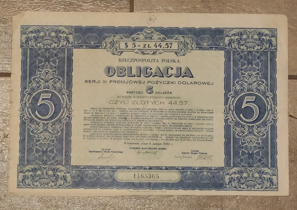 Obligacja Serji III Premiowej Pożyczki Dolarowej 5 Dolarów 1931 rok