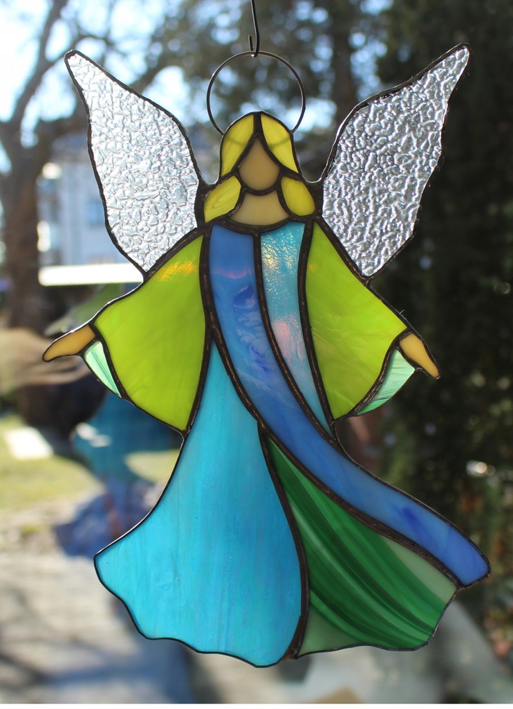 Anioł witrażowy Tiffany rozłożysty zielony błękit