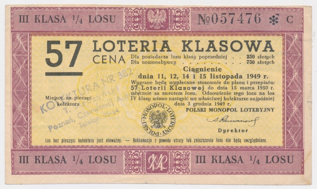 3839. 1/4 Losu III Klasy na 57 Loterię Klasową - st.4+