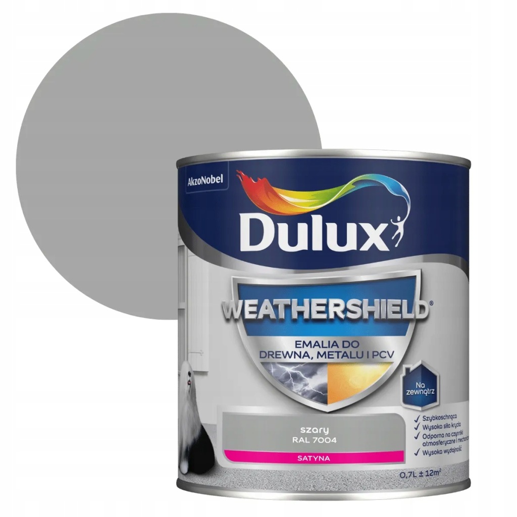 Dulux Weathershield EMALIA DO DREWNA, METALU I PCV 0,7L RAL 7004 SZARY