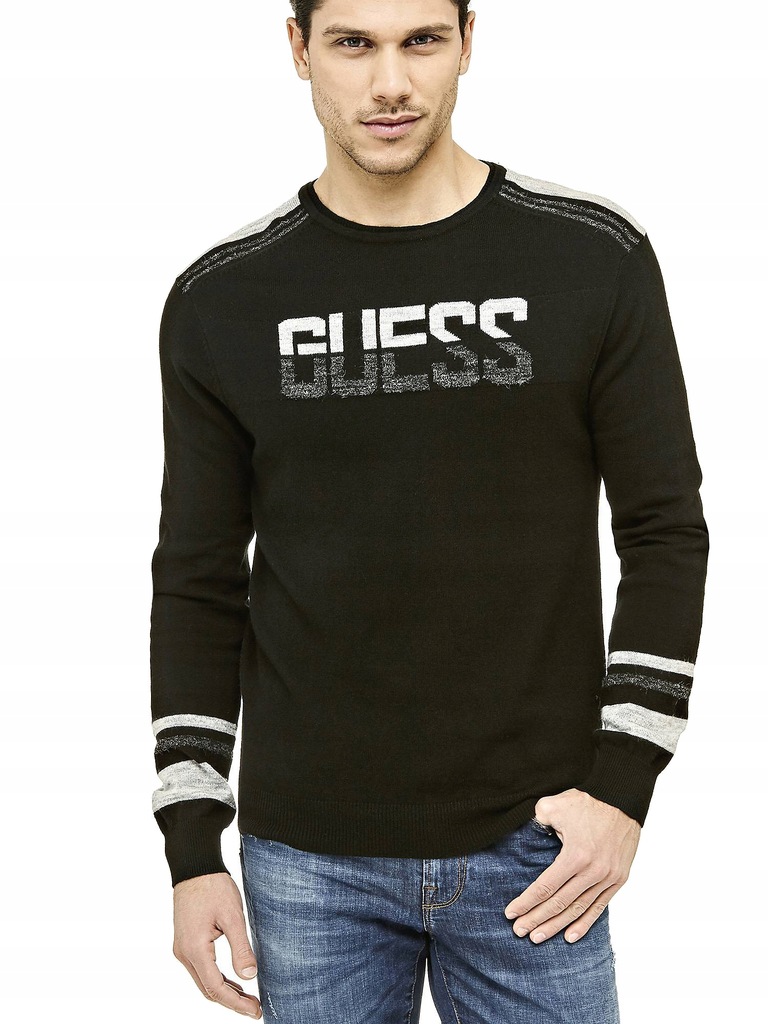 GUESS sweter męski czarny bawełna wełna logo L