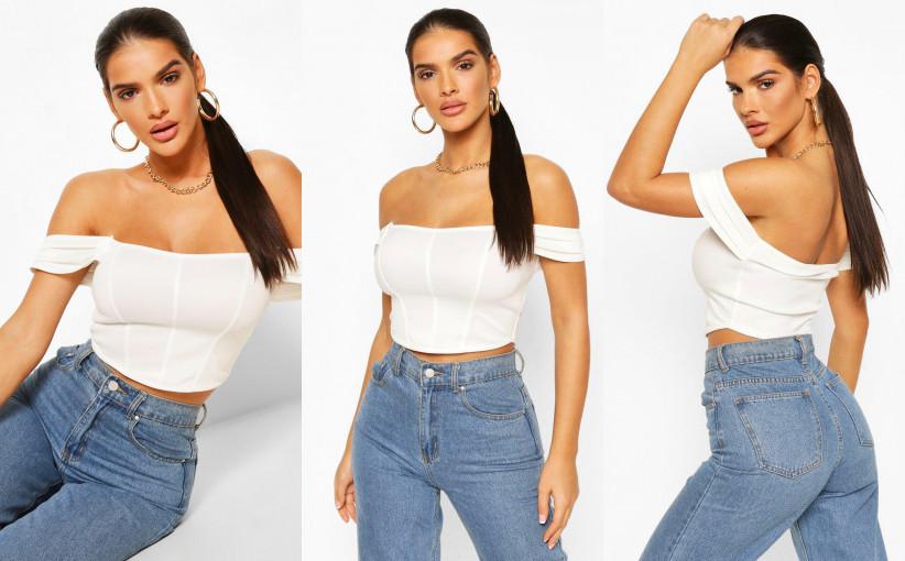 B07L002 BIAŁY CROP TOP ODKRYTE RAMIONA BOOHOO 36