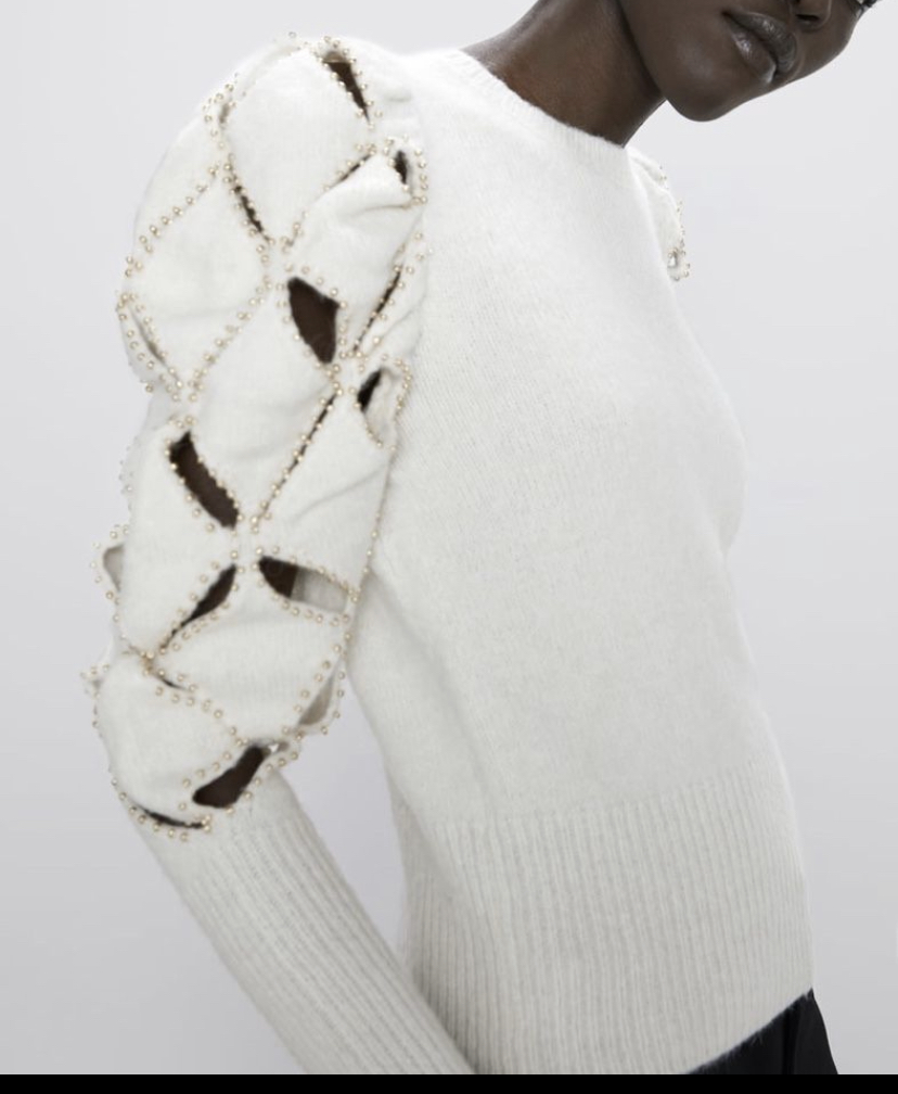 Zara sweter romby nity bufy wycięcia ecru S blog