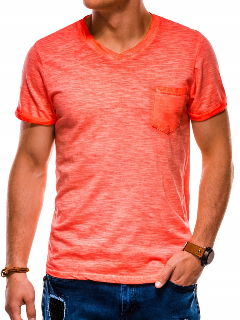 Letni t-shirt męski vneck neon S1053 pomarańcz XXL