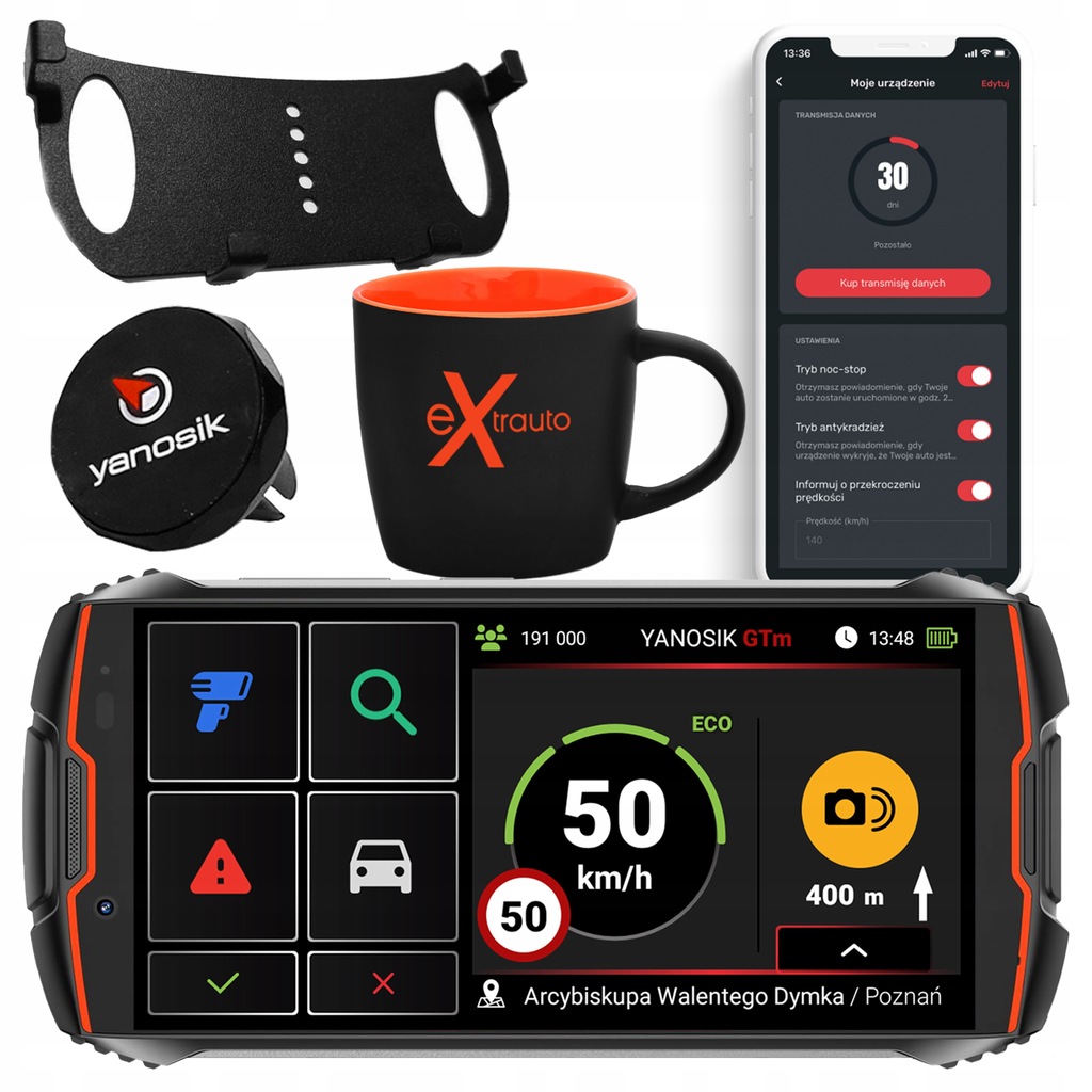 ANTYRADAR KOMUNIKATOR DROGOWY YANOSIK GTM+3 LATA ABO +METALOWY UCHWYT+KUBEK