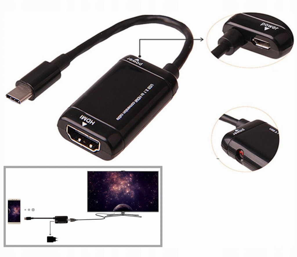 Przejściówka z USB C 3.1 na HDMI + zasilanie micro