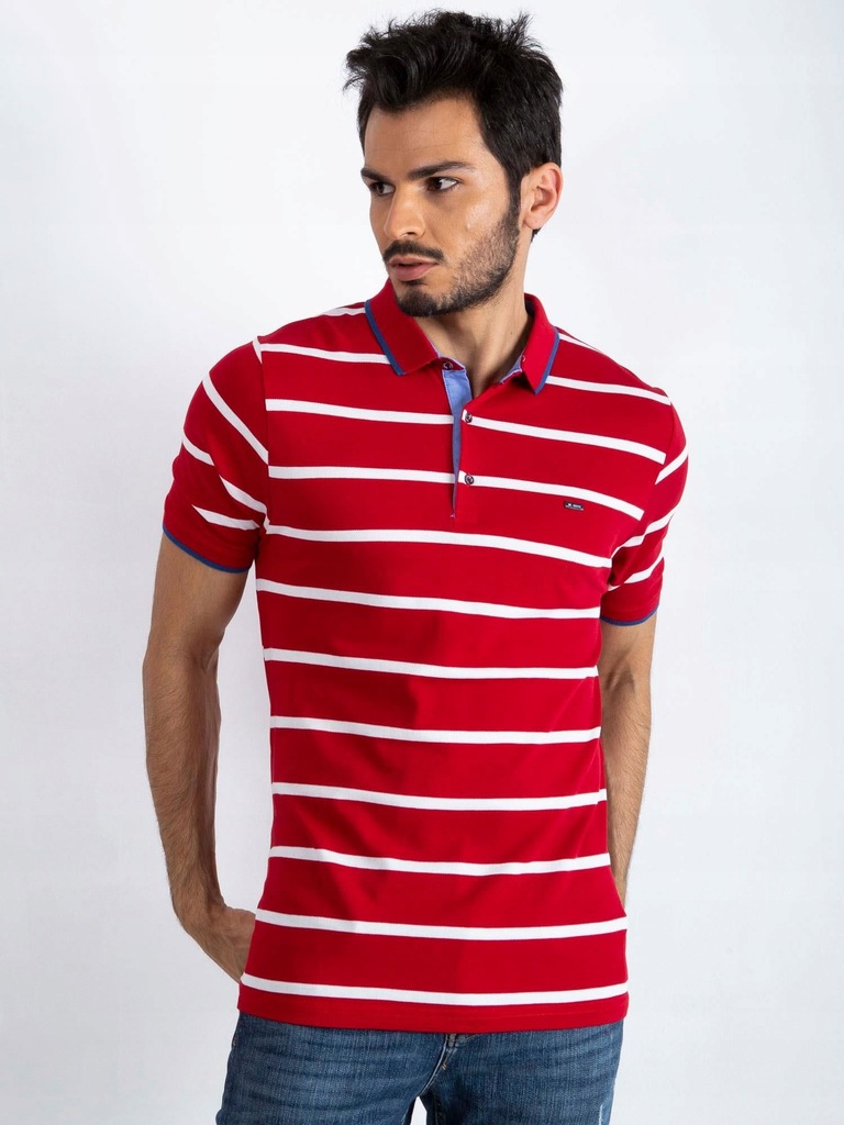 Bawełniana męska koszulka polo w paski czerwona L