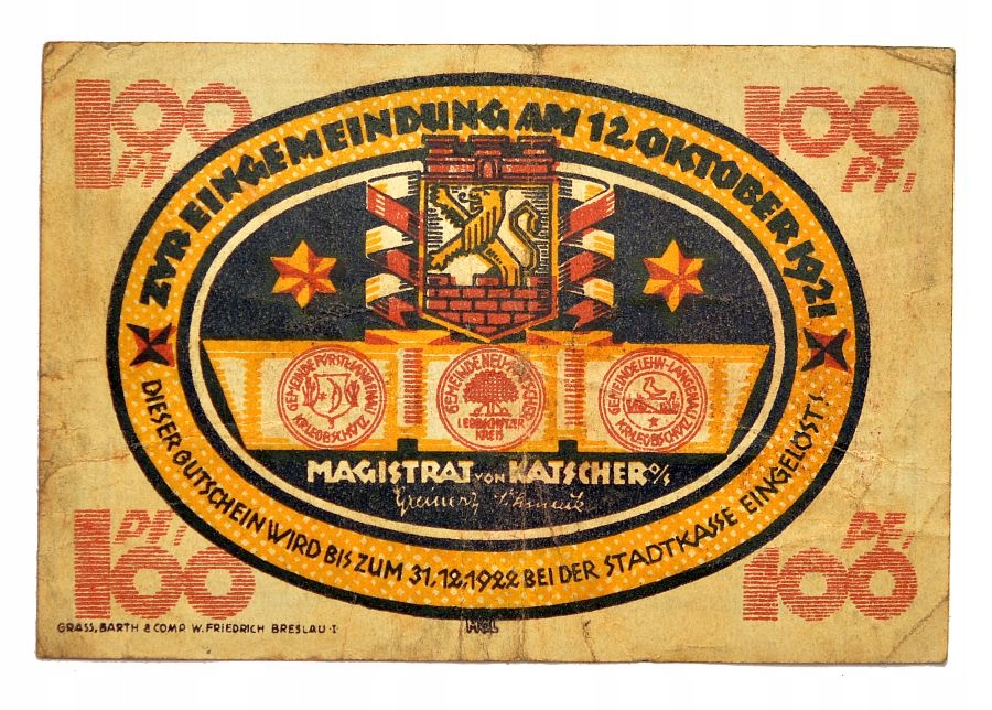 NOTGELD KIETRZ / KATSCHER 100 FENIGÓW 1922