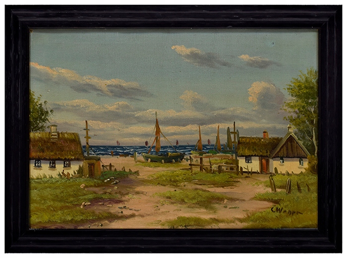 Stary obraz C.Werner Łodzie przy brzegu 55x40,5cm