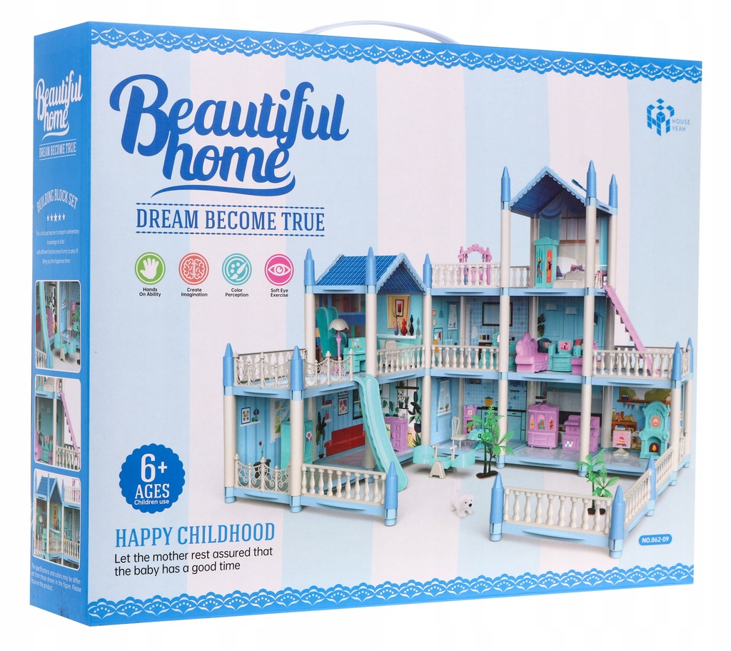 3-piętrowy domek dla lalek Prezent dla dziewczynek 6+ Niebieska willa z wyp