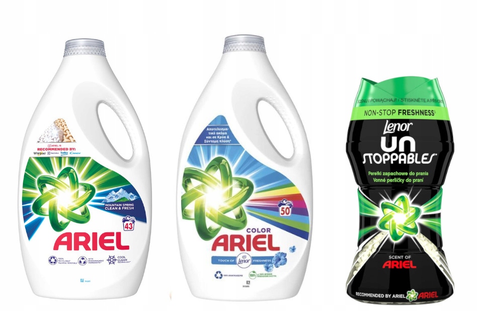 ARIEL SPRING ŻEL BIALE 2,15L + LENOR PEREŁKI ARIEL 140g + ŻEL COLOR 2,5L