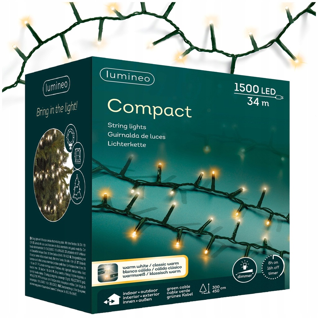 Gęste Oświetlenie Choinki COMPACT Lampki Choinkowe 1500 LED 34 M Ciepłe MIX