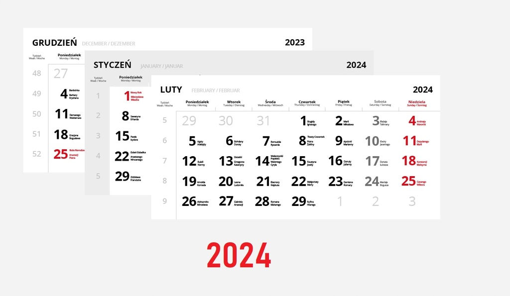 Kalendarz 2024, Kalendaria trójdzielne b/sz 50kpl super jakość 80 g