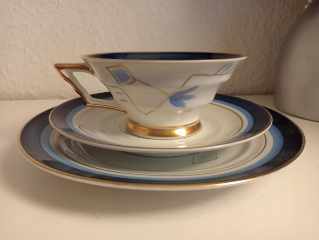 Piękne śniadaniowe trio porcelana Sygnatura Baensch Lettin z lat 1927-1945