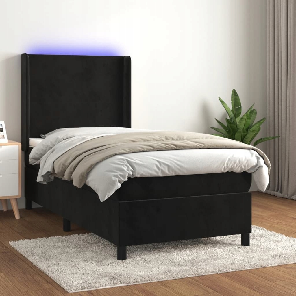 Łóżko kontynentalne z materacem i LED, czarny aksa
