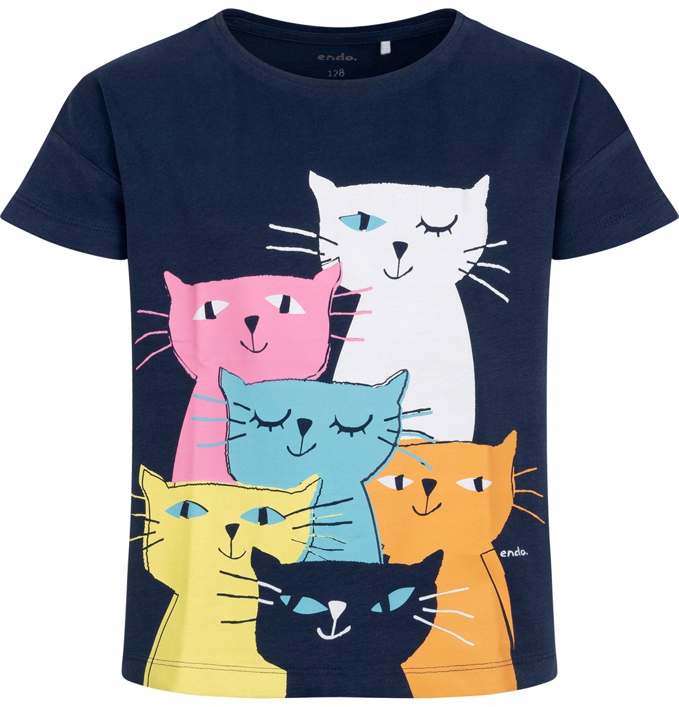 Bluzka T-shirt dla dziewczynki bawełna Granatowy 158 Kolorowe Koty Endo
