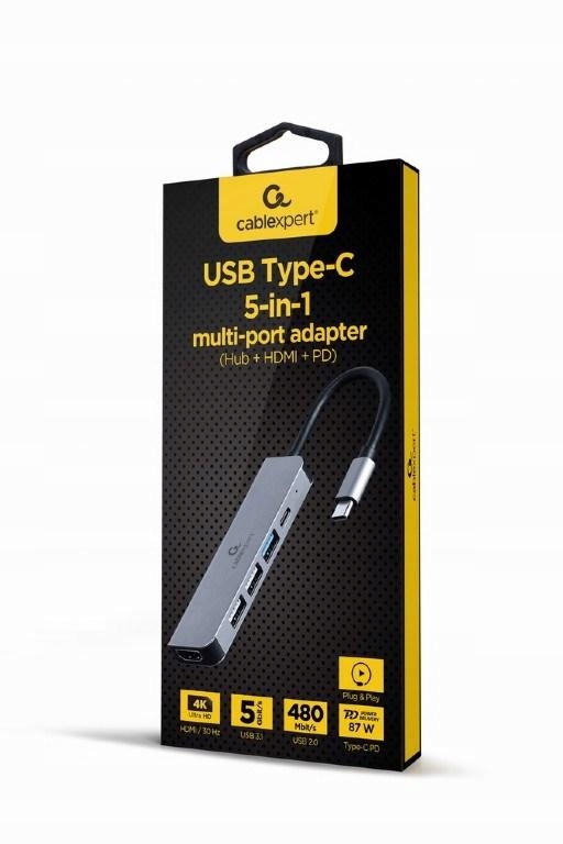 GEMBIRD MULTI ADAPTER USB TYP-C 5W1 HUB + HDMI + PD SREBRNY