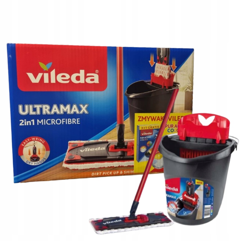 VILEDA ULTRAMAX MOP PŁASKI + WIADRO + 4xZMYWAKI VILEDA PUR ACTIVE COLORS