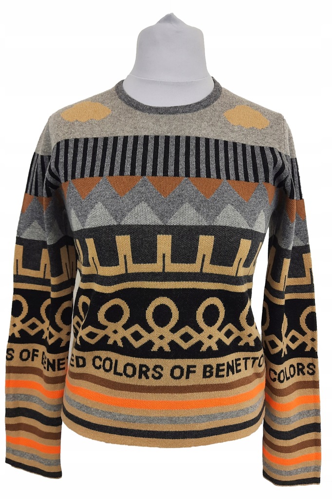 Sweter krótki BENETTON retro wzory wełna S