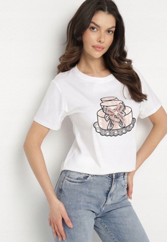 Born2Be Biały T-shirt damski M/L Kokardki
