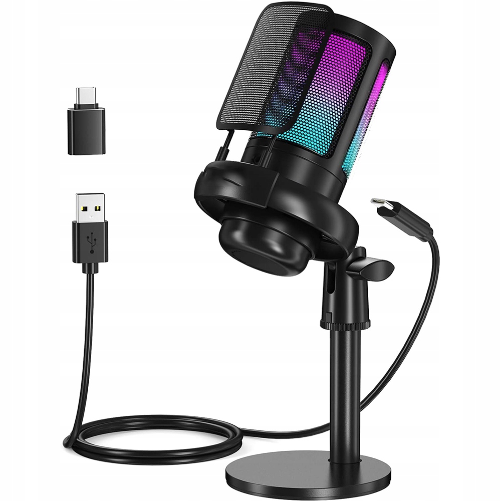 MIKROFON RGB DO KOMPUTERA GAMINGOWY POP-FILTER POJEMNOŚCIOWY CZARNY