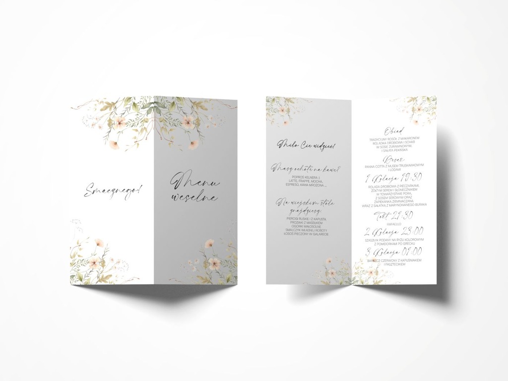 Menu ślubne, botaniczne, polne kwiaty różne wzory