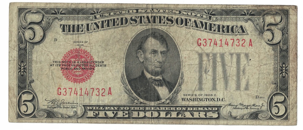 Banknot USA - 5 dolarów 1928r. czerwona pieczęć