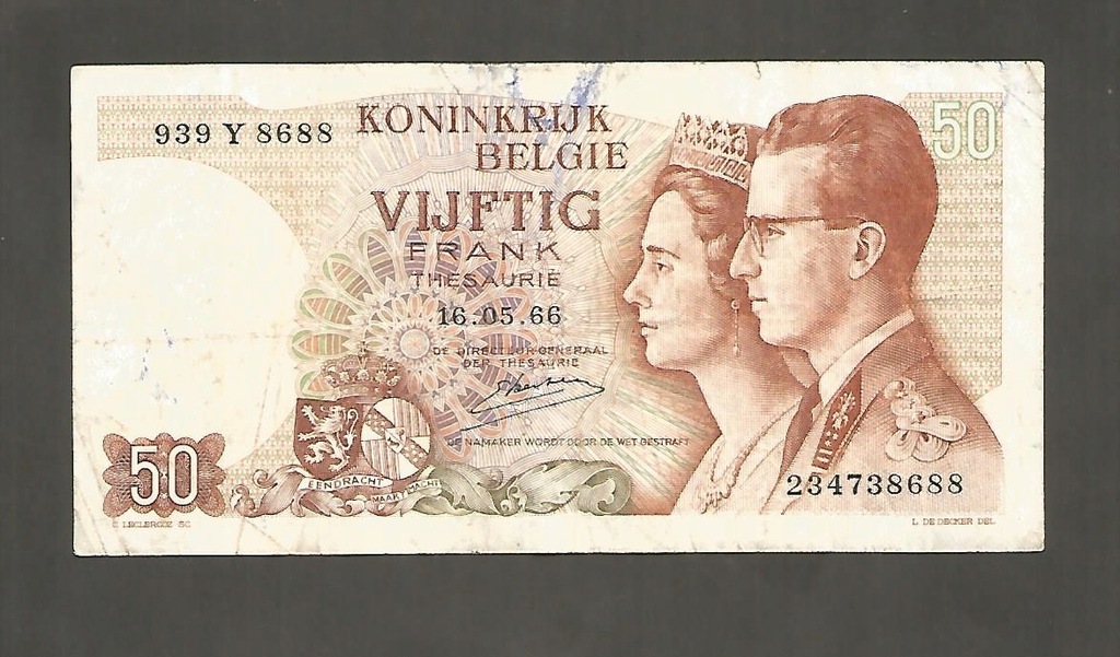 BANKNOT Belgia -- 50 franków -- 1966 rok