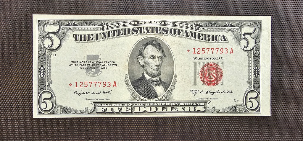 5 dolarów 1953 B z gwiazdką seria zastępcza POLECAM RED SEAL RZADKI PIĘKNY