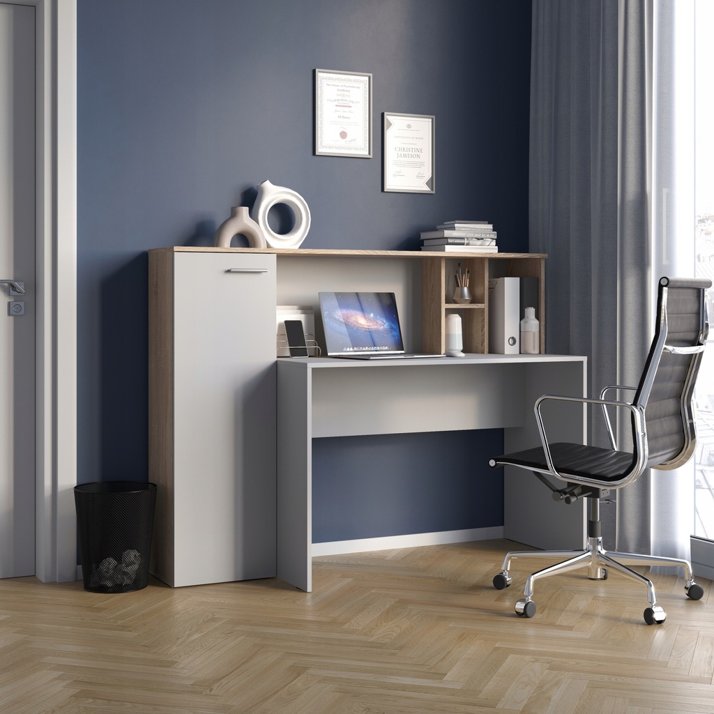 BIURKO MŁODZIEŻOWE PÓŁSZAFA REGAŁ BIAŁE/DĄB SONOMA BIURO MAT FUN MebleCraft