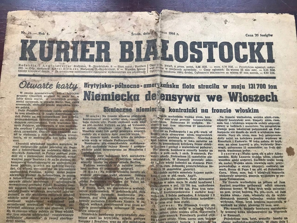 KURIER BIAŁOSTOCKI gazeta 7 czerwca 1944, okupacja, Białystok
